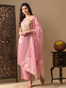 MYSHKA - Women Pink Straight Solid Kurta with Pant and Dupatta (Set of 3)