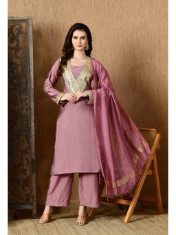 MYSHKA - Women Lavender Straight Solid Kurta with Pant and Dupatta (Set of 3)