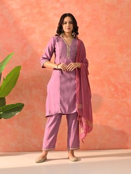 MYSHKA - Women Lavender Straight Solid Kurta with Pant and Dupatta (Set of 3)
