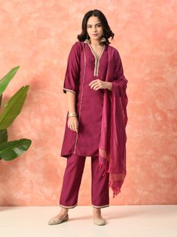 MYSHKA - Women Wine Straight Solid Kurta with Pant and Dupatta (Set of 3)