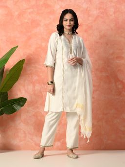 MYSHKA - Women White Straight Solid Kurta with Pant and Dupatta (Set of 3)