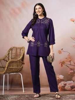 Nayam by lakshita - Women Purple A-Line Embroidered Co-Ord (Set of 2)