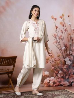 Nayam by lakshita - Women White Straight Floral Kurta with Salwar and Dupatta (Set of 3)