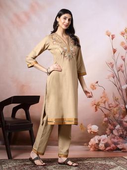 Nayam by lakshita - Women Beige Straight Embroidered Kurta with Pant (Set of 2)