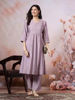 Nayam by lakshita - Women Lavender A-Line Floral Anarkali Kurta with Pant and Dupatta (Set of 3)