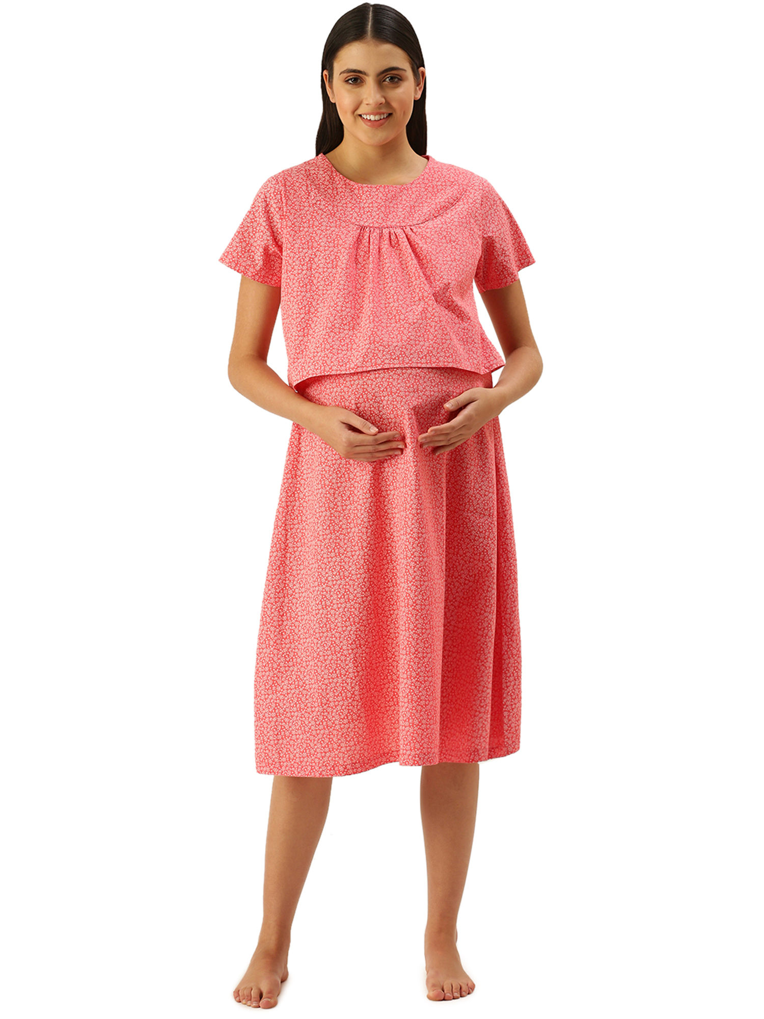 nejo Feeding-Nursing Maternity Midi Night Dress - Pink-picture-4