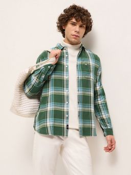 The Bear House - Men Green Checked Slim Fit Shirt
