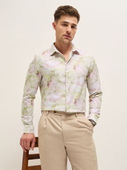 The Bear House - Men Off White Printed Tailored Fit Formal Shirt