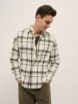 The Bear House - Men Off White Cotton Checked Relaxed Fit Overshirt