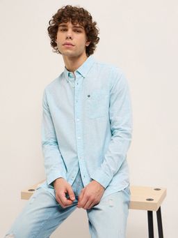 The Bear House - Men Blue Cotton Solid Slim Fit Shirt