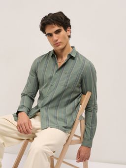 The Bear House - Men Green Cotton Striped Slim Fit Shirt