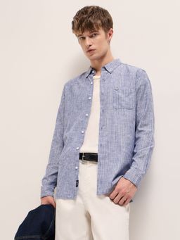 The Bear House - Men Blue Cotton Striped Slim Fit Shirt