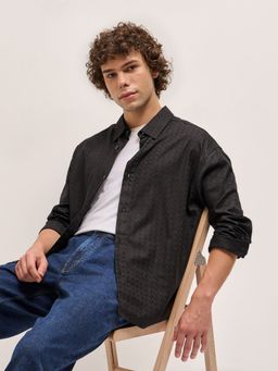 The Bear House - Men Black Cotton Self-Design Overshirt