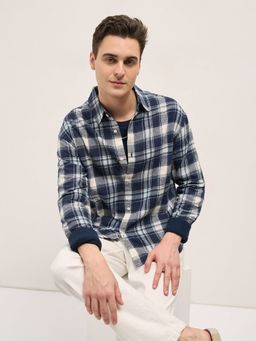 The Bear House - Men Blue Cotton Checked Relaxed Fit Overshirt
