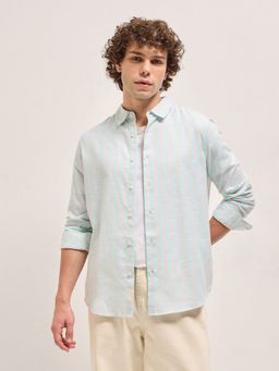 The Bear House - Men Blue Cotton Striped Slim Fit Shirt