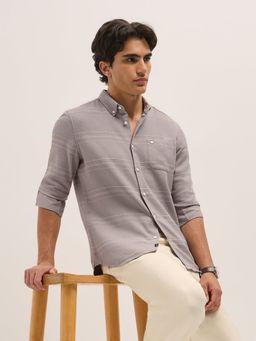 The Bear House - Men Grey Slim Fit Striped Casual Shirt