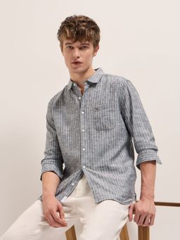 The Bear House - Men Grey Cotton Striped Slim Fit Shirt