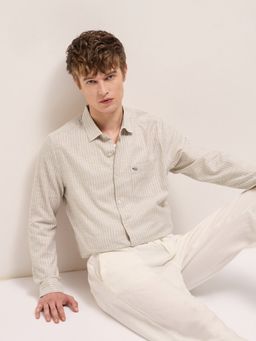The Bear House - Men Beige Cotton Striped Slim Fit Shirt
