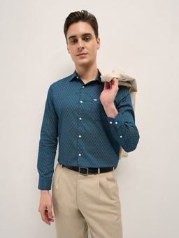 The Bear House - Men Blue Cotton Printed Tailored Fit Formal Shirt