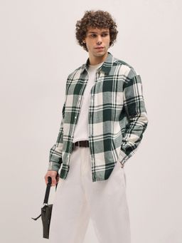 The Bear House - Men Green Cotton Checked Relaxed Fit Overshirt