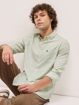 The Bear House - Men Green Cotton Striped Slim Fit Shirt