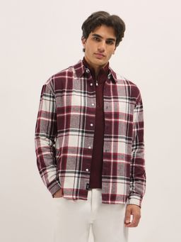 The Bear House - Men Maroon Cotton Checked Relaxed Fit Overshirt