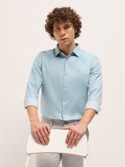 The Bear House - Men Blue Cotton Solid Tailored Fit Formal Shirt