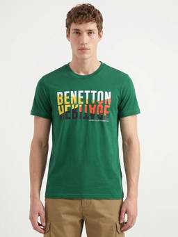 United Colors of Benetton - Men Green Regular Fit Crew Neck Typographic Print T-Shirt