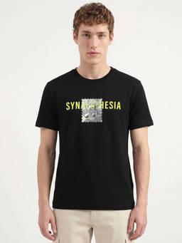 United Colors of Benetton - Men Black Relaxed Fit Crew Neck Typographic Print T-Shirt