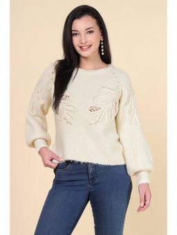 MnM - Beige Polyester Embroidered Sweater