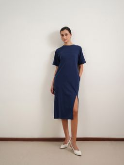 FABLE STREET - Navy Blue Pure Cotton Side Slit Midi Dress