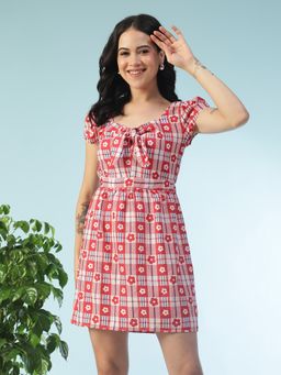 Oxolloxo - Red Floral Print V-Neck Slob Fabric Tie-Up Detail Dress