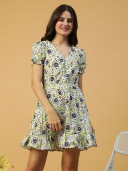 Oxolloxo - Yellow Digital Floral Print Elasticated Ruffle Detailed Mini Dress