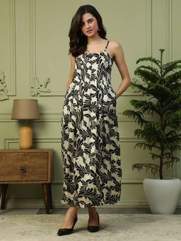 Oxolloxo - Black Printed Shoulder Strap Sleeveless Long Maxi Dress
