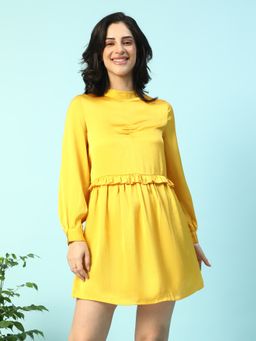 Oxolloxo - Yellow Long Sleeve Ruffle Detail Satin Mini Dress