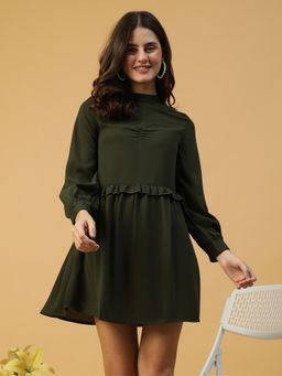 Oxolloxo - Green Long Sleeve Ruffle Detail Satin Mini Dress