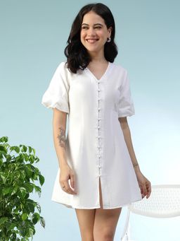 Oxolloxo - Solid White V-Neck Short Sleeve Button Down Above Knee Length Cotton Linen Dress