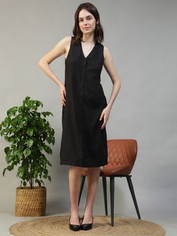 Oxolloxo - Solid Black V-Neck Sleeveless Button Down Knee-Length Cotton Linen Dress