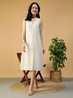 Oxolloxo - Solid Off White V-Neck Sleeveless Button Down Knee-Length Cotton Linen Dress