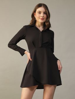 Oxolloxo - Black Collared Long-Sleeve Button Detail Layered Dress