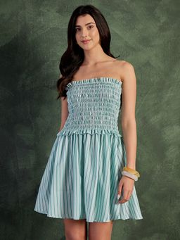 Uptownie - Mint Green Pure Linen Smocked Fit and Flare Dress