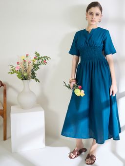 Uptownie - Blue Pure Cotton Smocked Waist Fit and Flare Dress