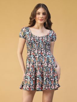 Oxolloxo - Multicolour Short Sleeve Smocked Floral Mini Dress