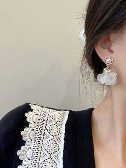 Yellow Chimes - Gold Tone Pearl Studded Leaflet Designed Drop Earrings