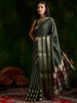 Libas - Olive Chevron Printed Saree with Unstitched Blouse