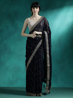 Lush Glam - Black Designer Fancy Embroidered Saree with Unstitched Blouse