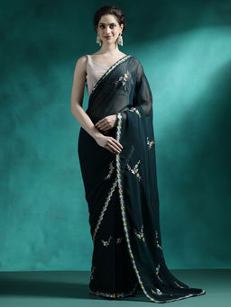Lush Glam - Black Designer Fancy Embroidered Saree with Unstitched Blouse