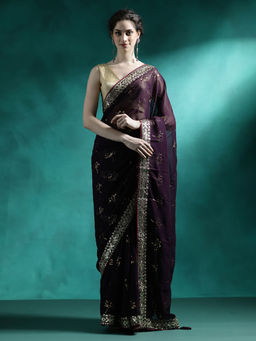 Lush Glam - Purple Designer Fancy Embroidered Saree with Unstitched Blouse