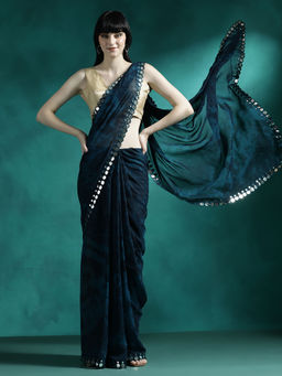 Lush Glam - Blue Designer Fancy Mirror Work Saree with Unstitched Blouse