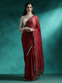 Lush Glam - Red Designer Fancy Mirror Work Saree with Unstitched Blouse